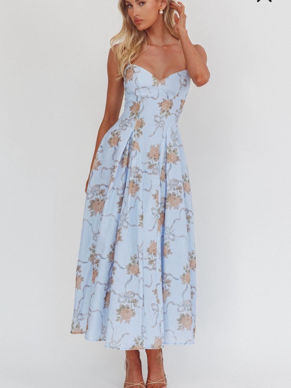 Strapless Sweetheart Floral Midi Dress - Light Blue